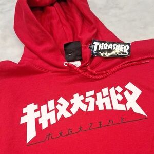 New Thrasher Godzilla Bold Red‎ Hoodie Sz Sm Skater Surfer Front Pocket Pullover